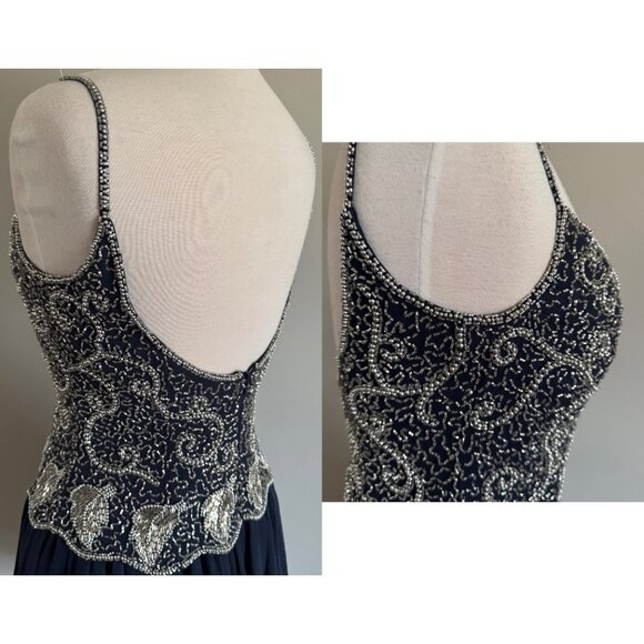 Vintage Oleg Cassini Navy 100% Silk Silver Pearl Beaded Party Dress | Sz 8 - Picture 14 of 14